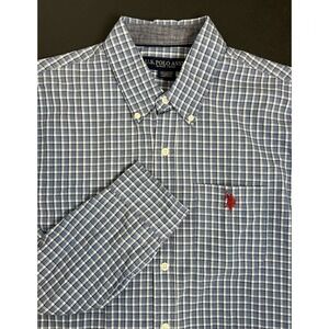 U.S. Polo Assn Shirt Men's Long Sleeve Button Down Blue Plaid Red Pony Logo- Med